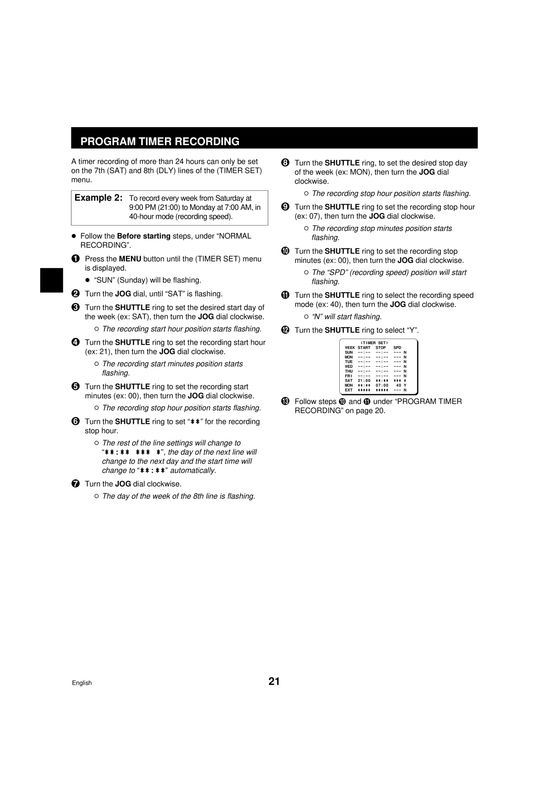 Sanyo srt-6000 instruction manual Program Timer Recording, Day of the week of the 8th line is flashing 