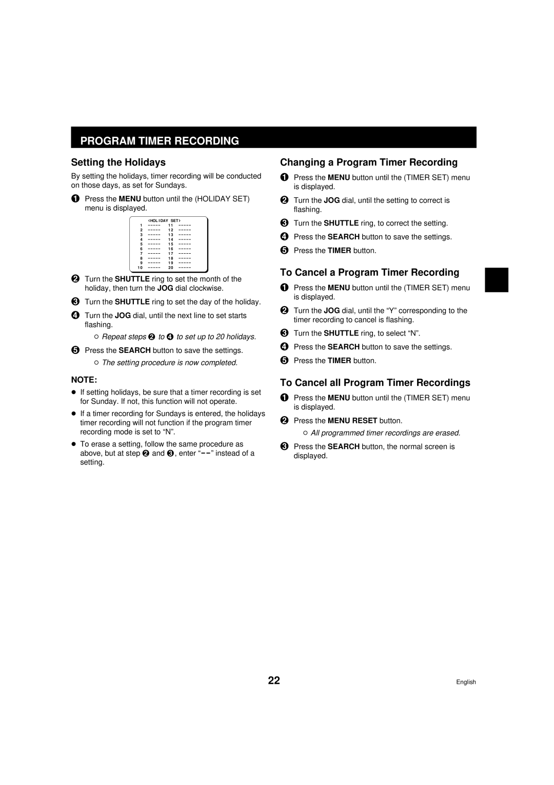 Sanyo srt-6000 Setting the Holidays, Changing a Program Timer Recording, To Cancel a Program Timer Recording 