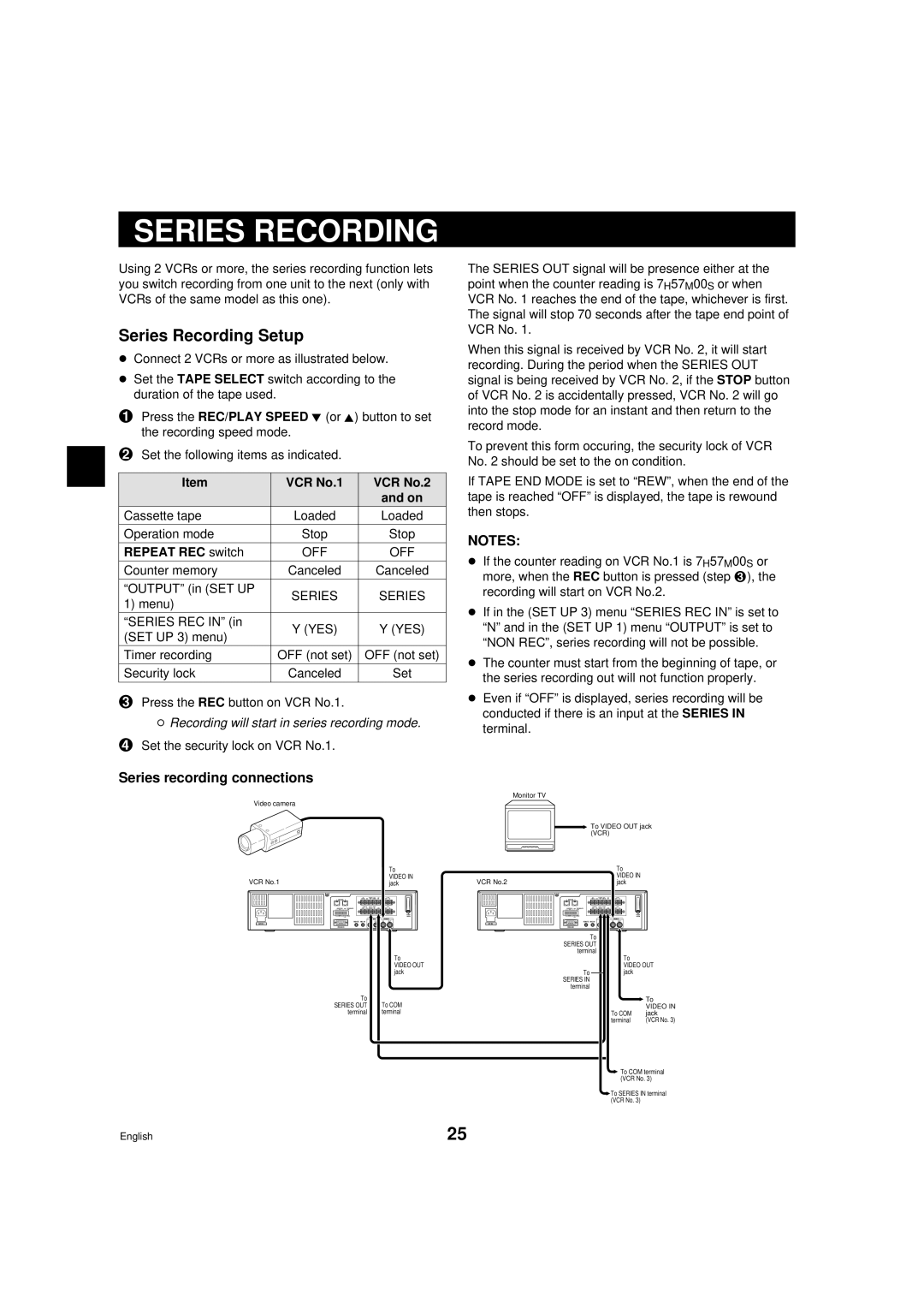 Sanyo srt-6000 Series Recording Setup, Series recording connections, VCR No.1 VCR No.2, Repeat REC switch 