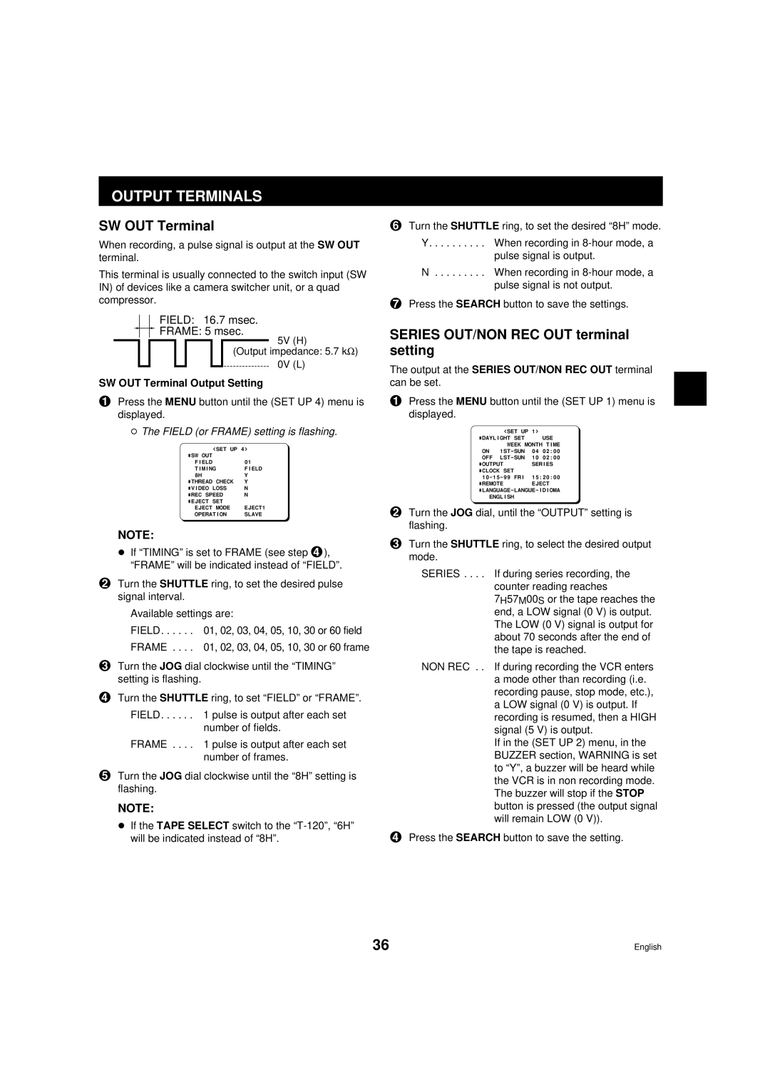 Sanyo srt-6000 Output Terminals, Series OUT/NON REC OUT terminal setting, SW OUT Terminal Output Setting 