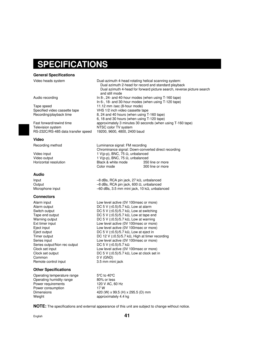 Sanyo srt-6000 instruction manual Specifications 