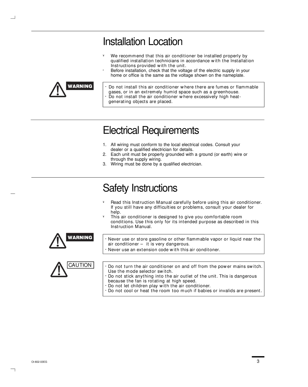 Sanyo STB1220C1, STB0810C1, STB1020C1, STB1010C1 Installation Location, Electrical Requirements, Safety Instructions 