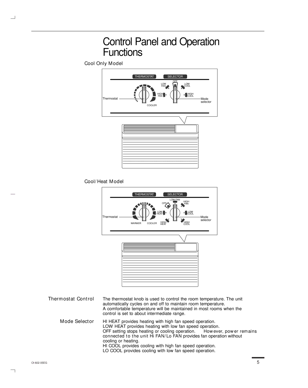 Sanyo STB1123C1, STB0810C1, STB1020C1, STB1010C1, STB1220C1, STB1023C1 Control Panel and Operation Functions, Cool/Heat Model 