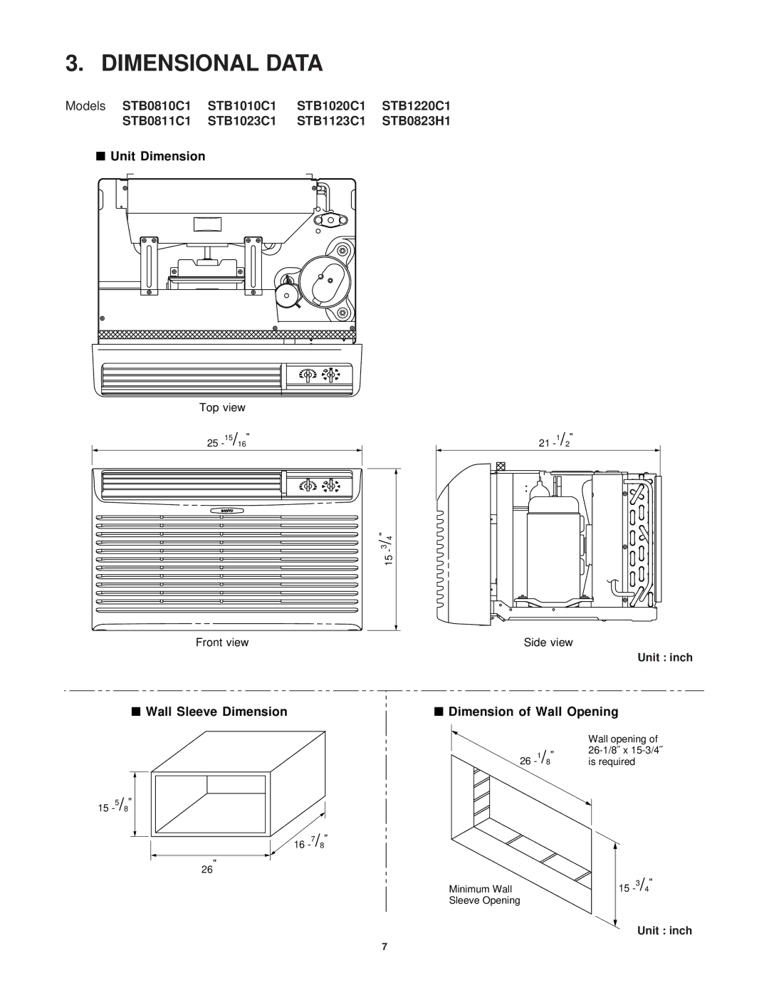 Sanyo STB1010C1, STB0823H1, STB0810C1, STB1020C1, STB1220C1 Dimensional Data, Wall Sleeve Dimension Dimension of Wall Opening 