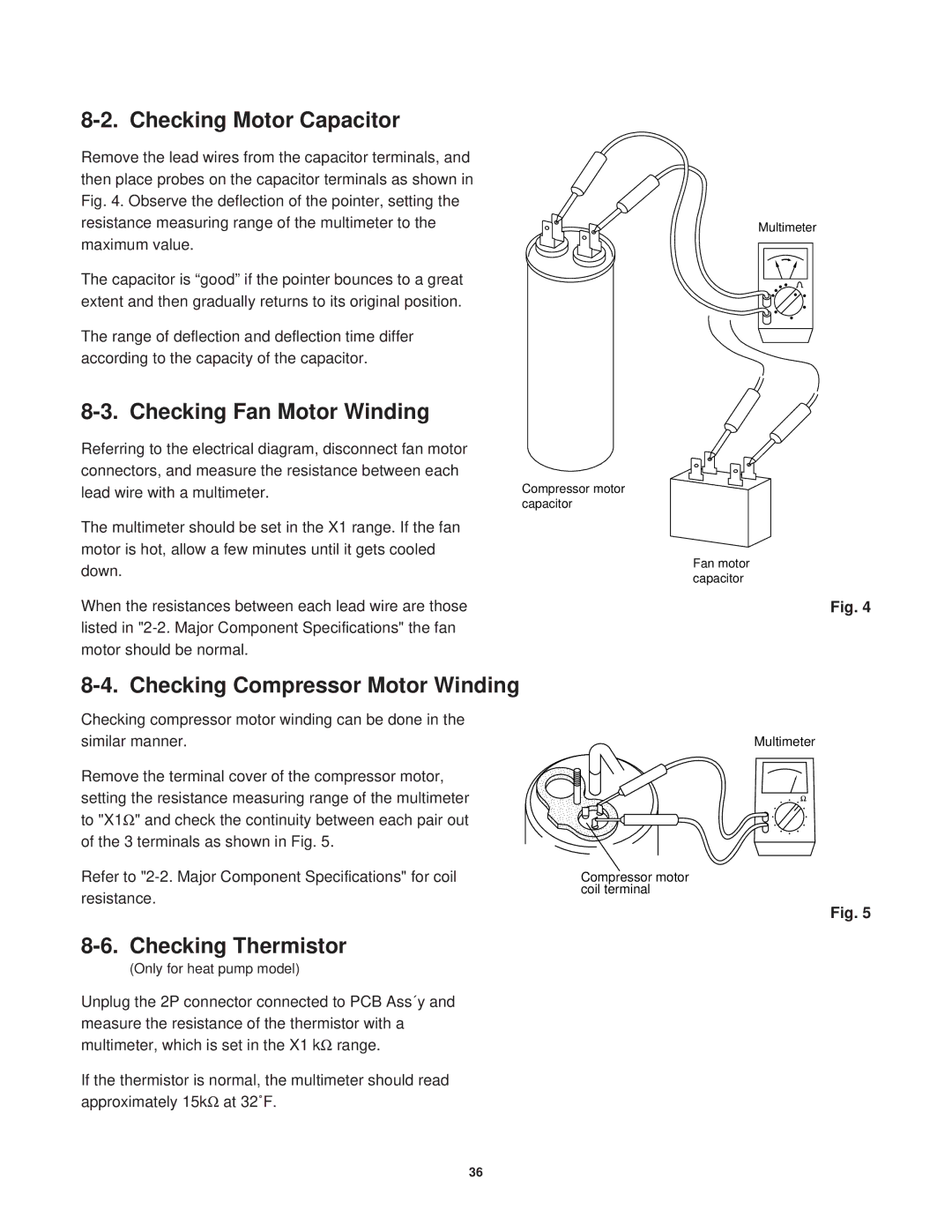 Sanyo STB0823H1, STB0810C1 Checking Motor Capacitor, Checking Fan Motor Winding, Checking Compressor Motor Winding 