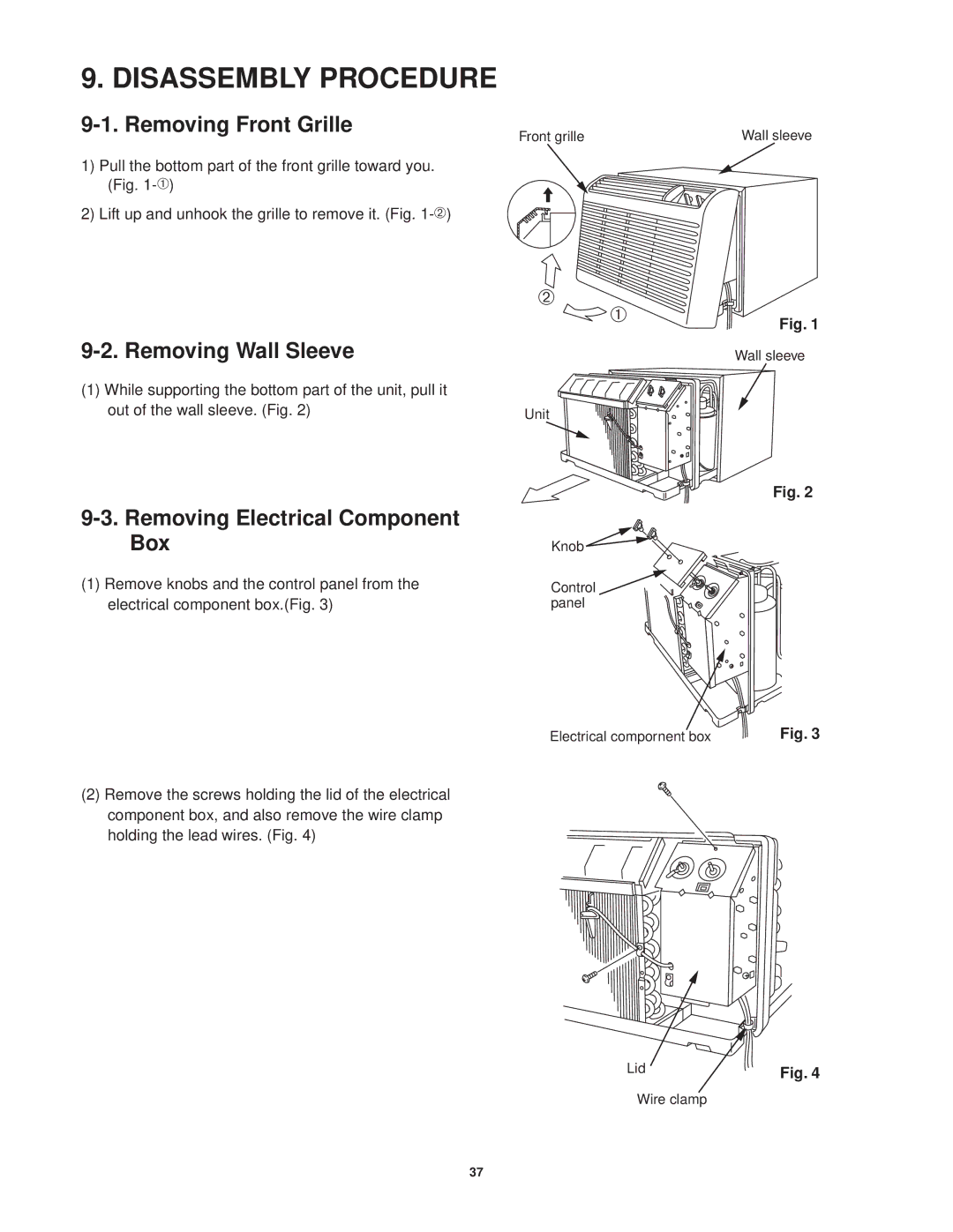 Sanyo STB0810C1 Disassembly Procedure, Removing Front Grille, Removing Wall Sleeve, Removing Electrical Component Box 