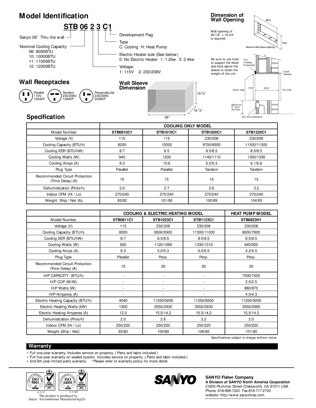 Sanyo STB0810C1, STB0823H1, STB1020C1, STB1010C1 service manual Sanyo 26˝ Through the Wall AIR Conditioners & Heat Pump 