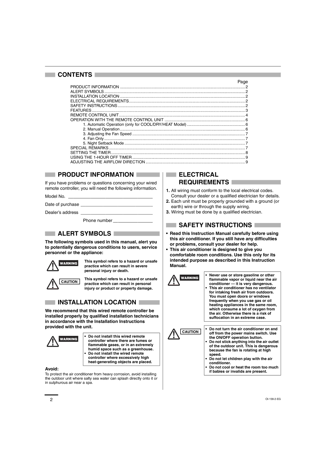 Sanyo STK-RCS-7TWSUA Contents, Product Information, Alert Symbols, Installation Location, Electrical Requirements 