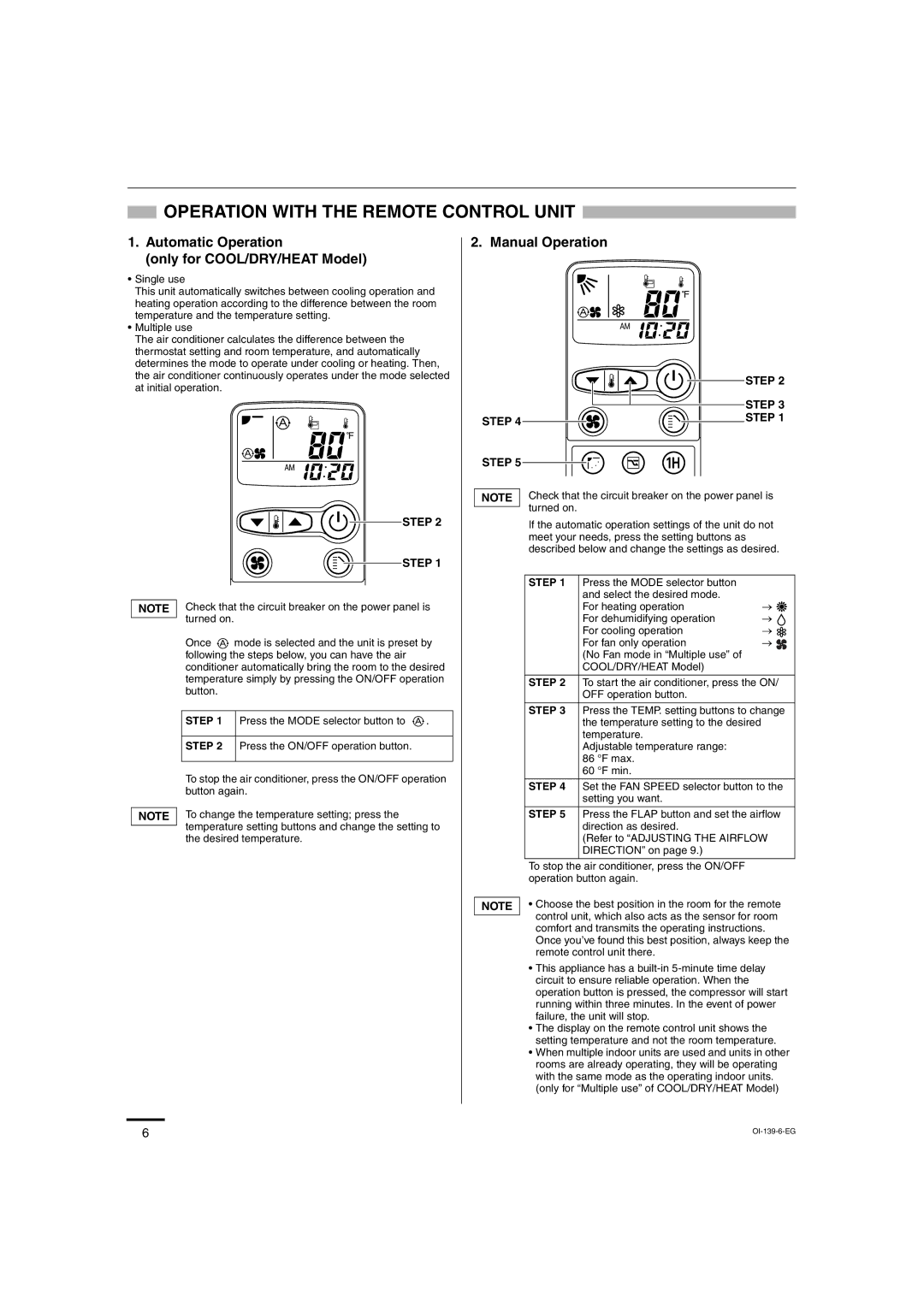 Sanyo STK-RCS-7TWSUA Operation with the Remote Control Unit, Automatic Operation Only for COOL/DRY/HEAT Model 