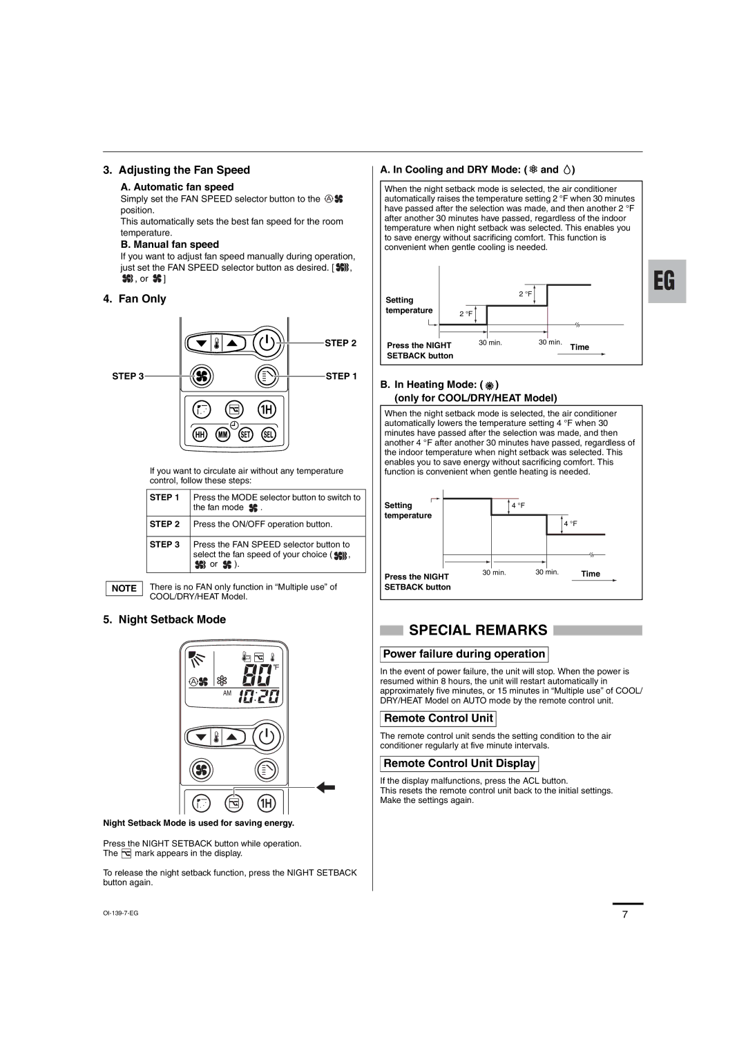 Sanyo STK-RCS-7TWSUA service manual Special Remarks, Automatic fan speed, Manual fan speed, Cooling and DRY Mode 