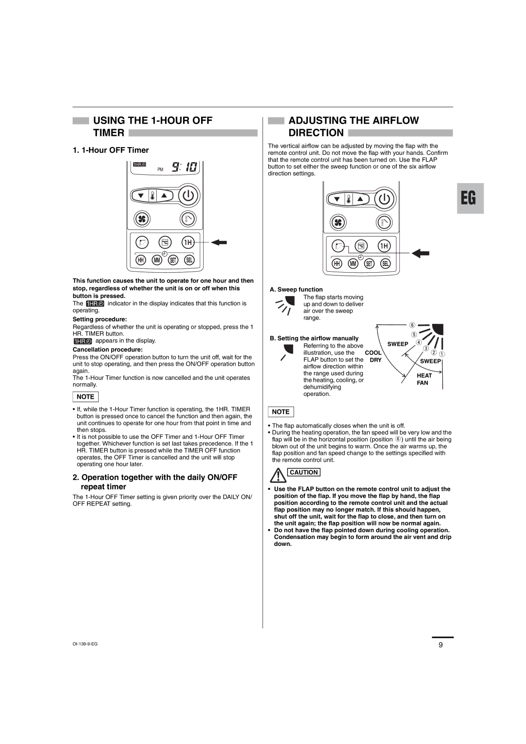 Sanyo STK-RCS-7TWSUA service manual Using the 1-HOUR OFF Timer, Adjusting the Airflow Direction 