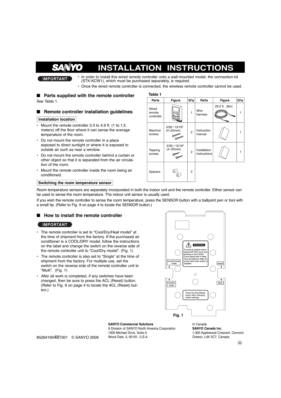 Sanyo STK-RCS-7TWSUA Installation location, Switching the room temperature sensor, Sanyo Commercial Solutions 