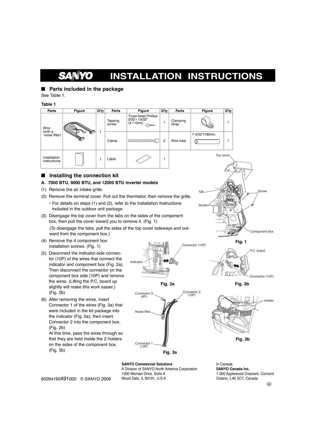 Sanyo STK-RCS-7TWSUA service manual Parts included in the package, 7000 BTU, 9000 BTU, and 12000 BTU inverter models 