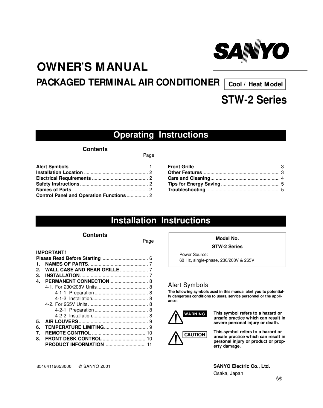 Sanyo STW-2 Series owner manual Alert Symbols 