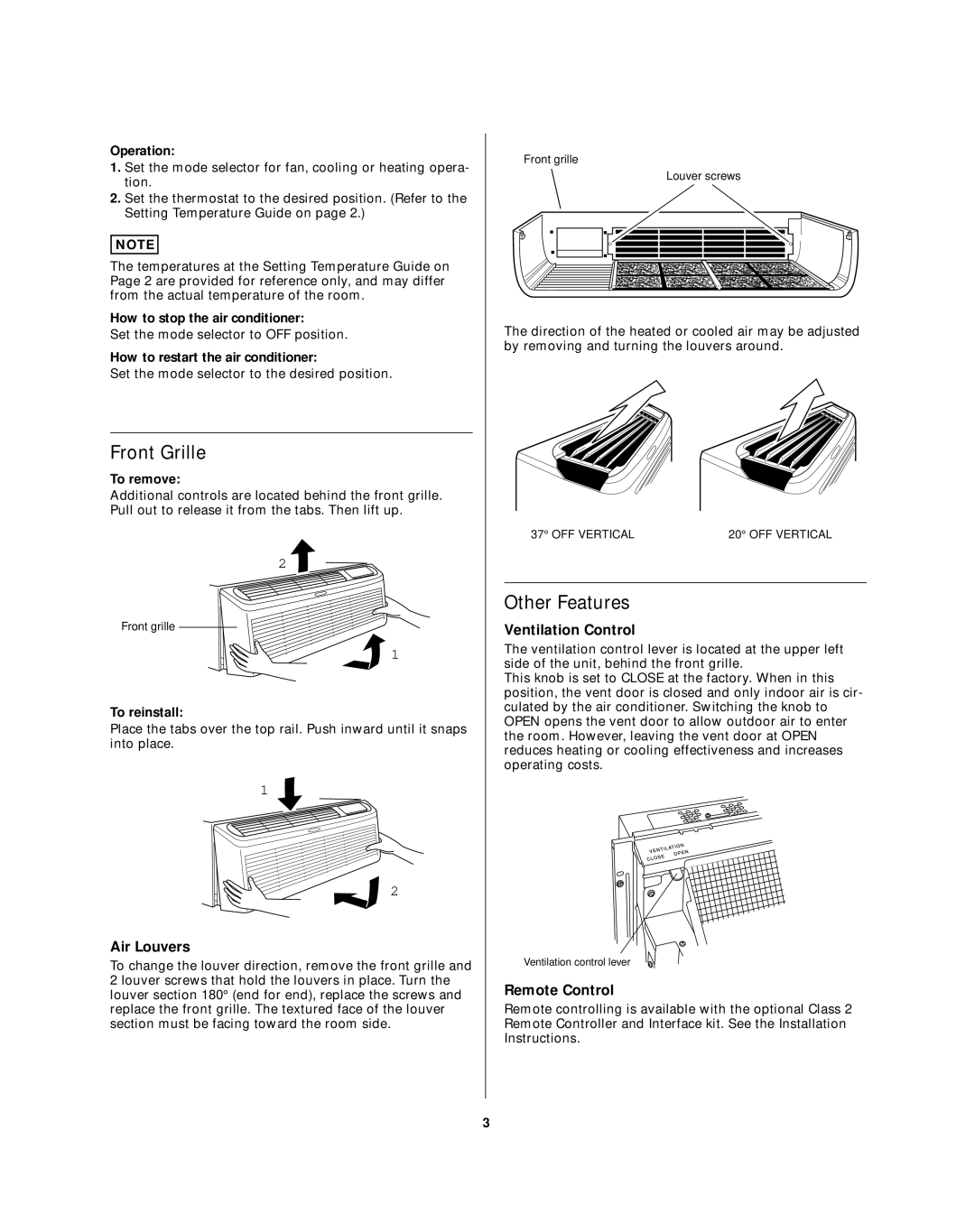 Sanyo STW-2 Series owner manual Front Grille, Other Features, Air Louvers, Ventilation Control, Remote Control 