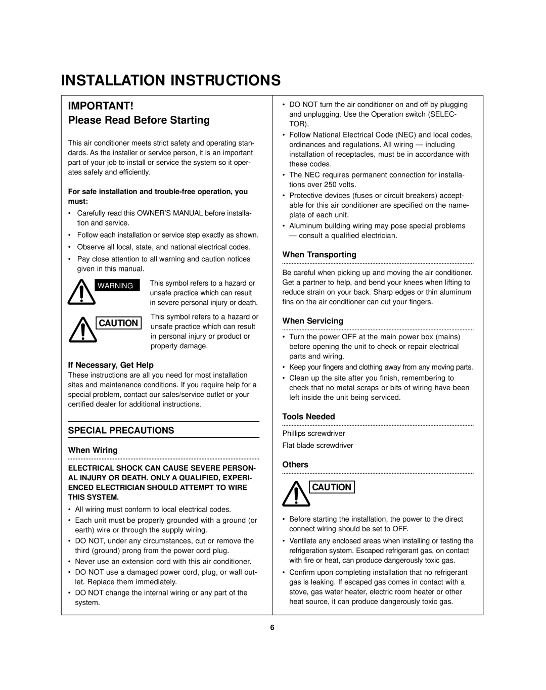 Sanyo STW-2 Series owner manual Installation Instructions 