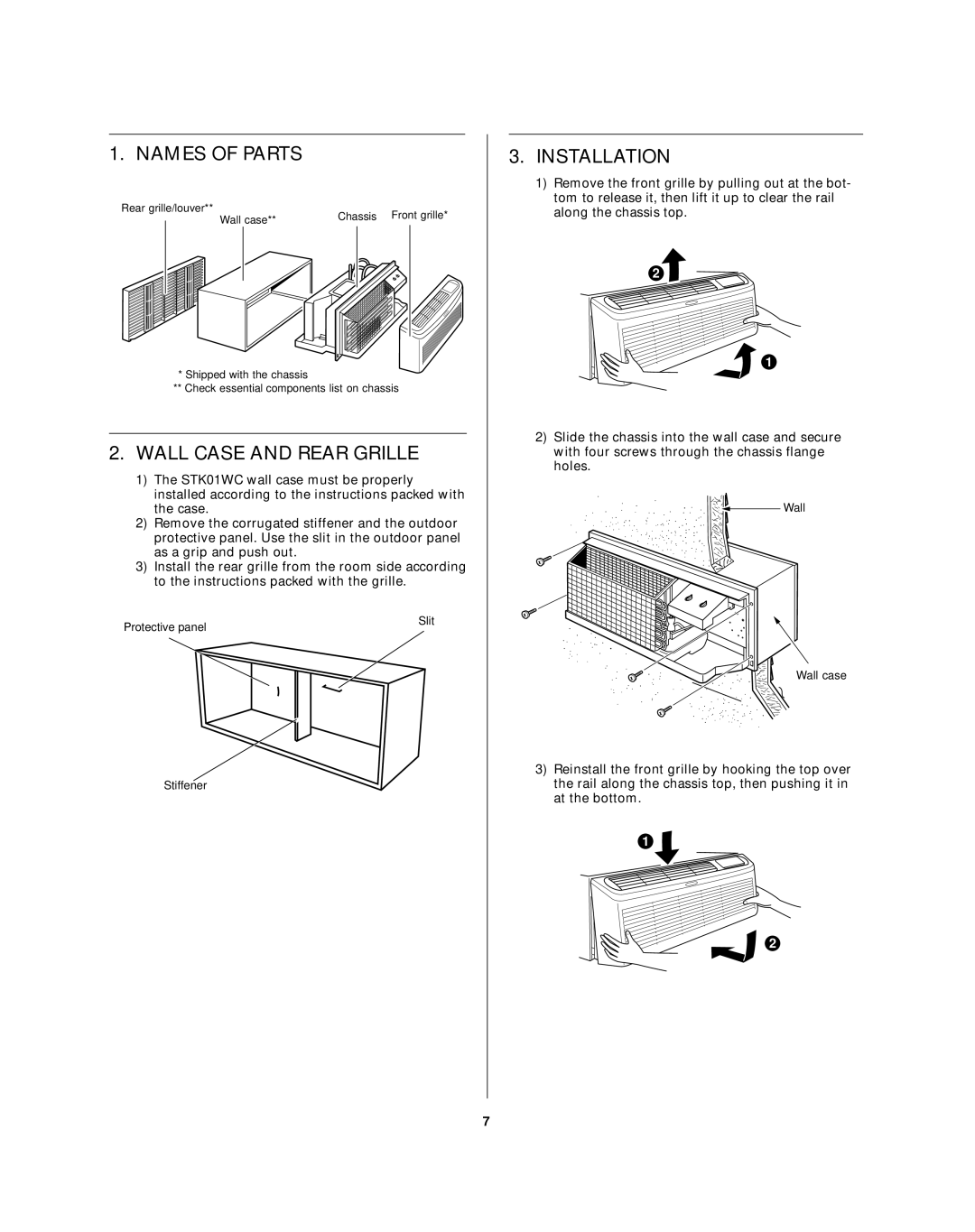 Sanyo STW-2 Series owner manual Names of Parts, Wall Case and Rear Grille, Installation 