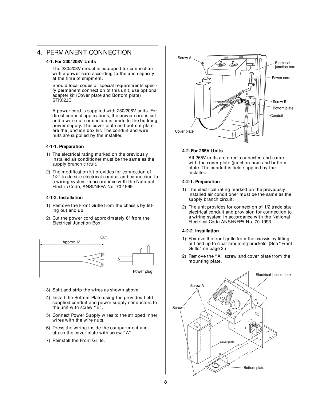 Sanyo STW-2 Series owner manual Permanent Connection, For 230/208V Units, Preparation, Installation, For 265V Units 