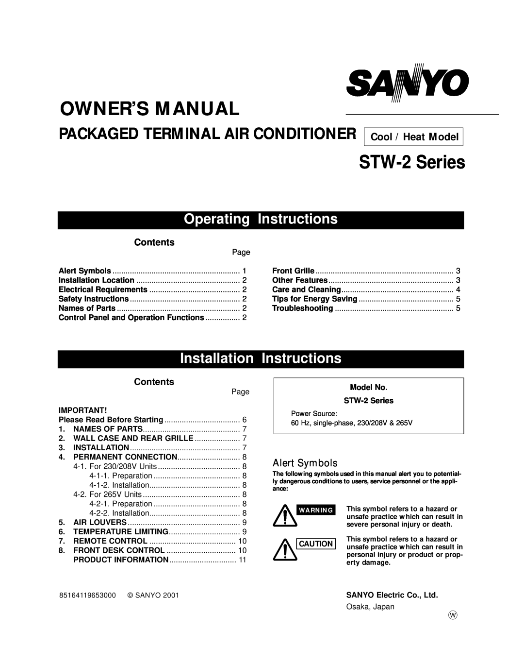 Sanyo owner manual Alert Symbols, Wall Case And Rear Grille, Model No STW-2 Series, Owner’S Manual, Operating, Contents 