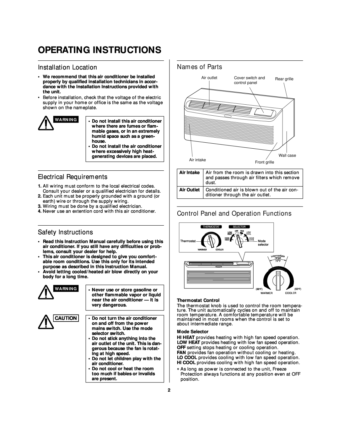 Sanyo STW-2 Series Operating Instructions, Installation Location, Names of Parts, Electrical Requirements, very dangerous 