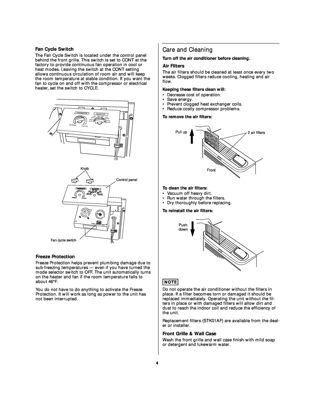 Sanyo STW-2 Series Care and Cleaning, Fan Cycle Switch, Air Filters, Freeze Protection, Front Grille & Wall Case 