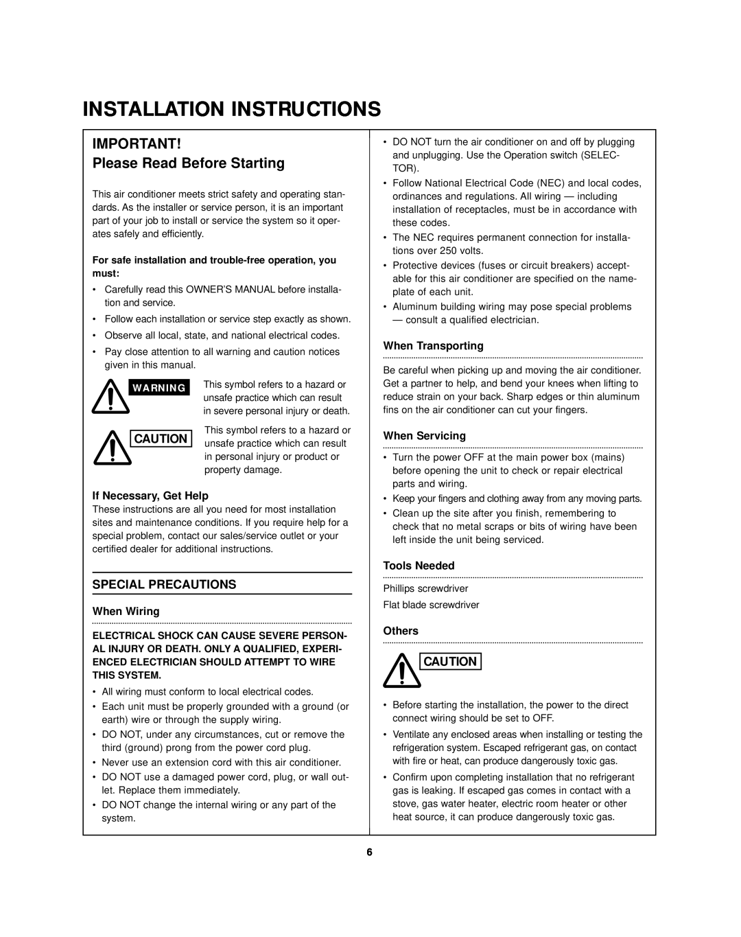Sanyo STW-2 Series Installation Instructions, If Necessary, Get Help, When Wiring, When Transporting, When Servicing 