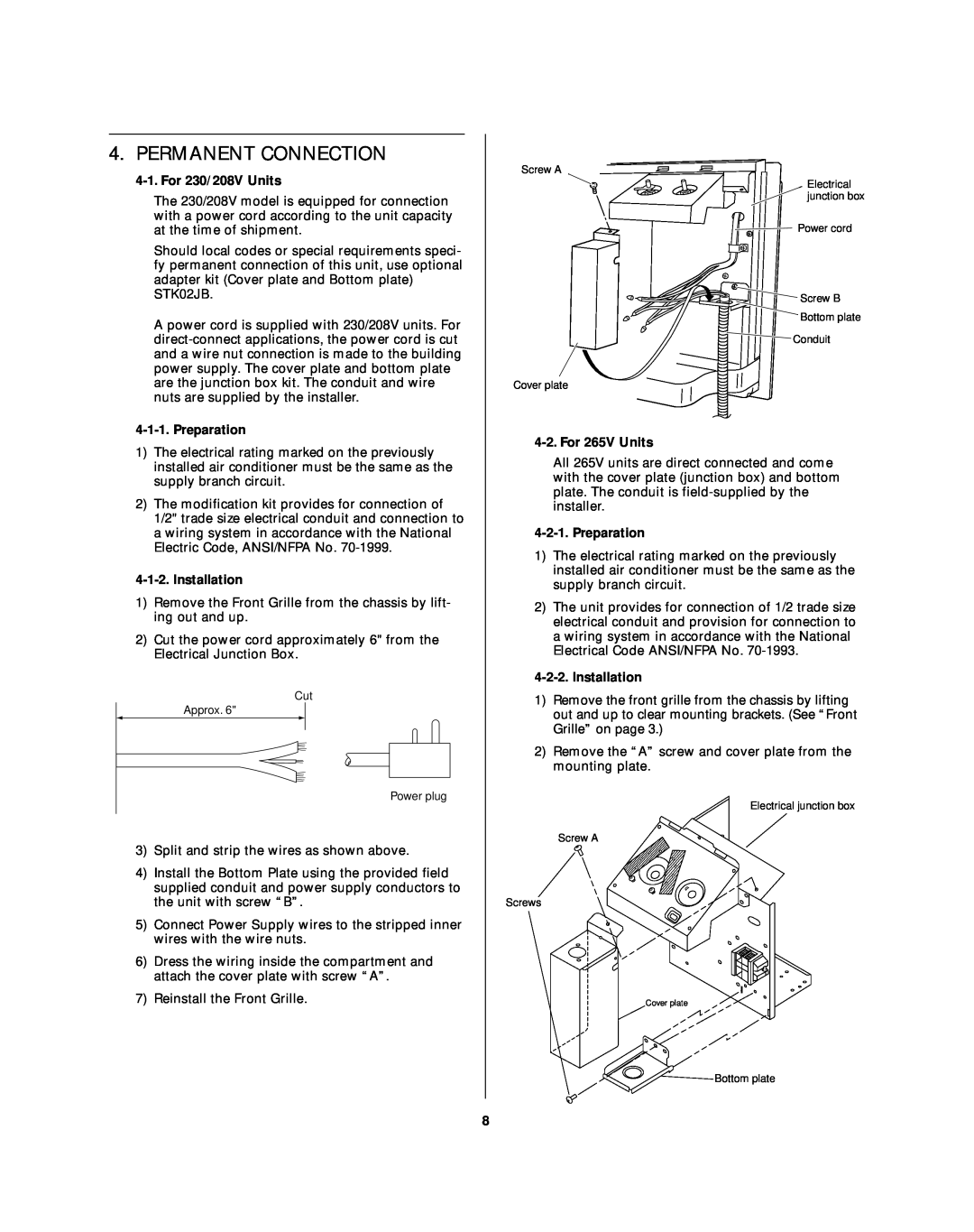 Sanyo STW-2 Series owner manual Permanent Connection, For 230/208V Units, Preparation, Installation, For 265V Units 