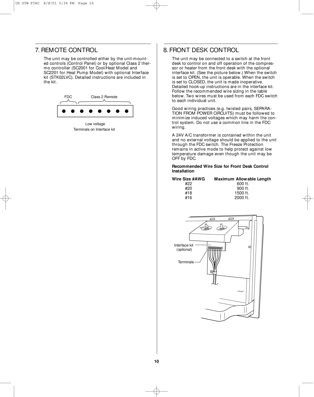 Sanyo STW-2 owner manual Remote Control, Front Desk Control 