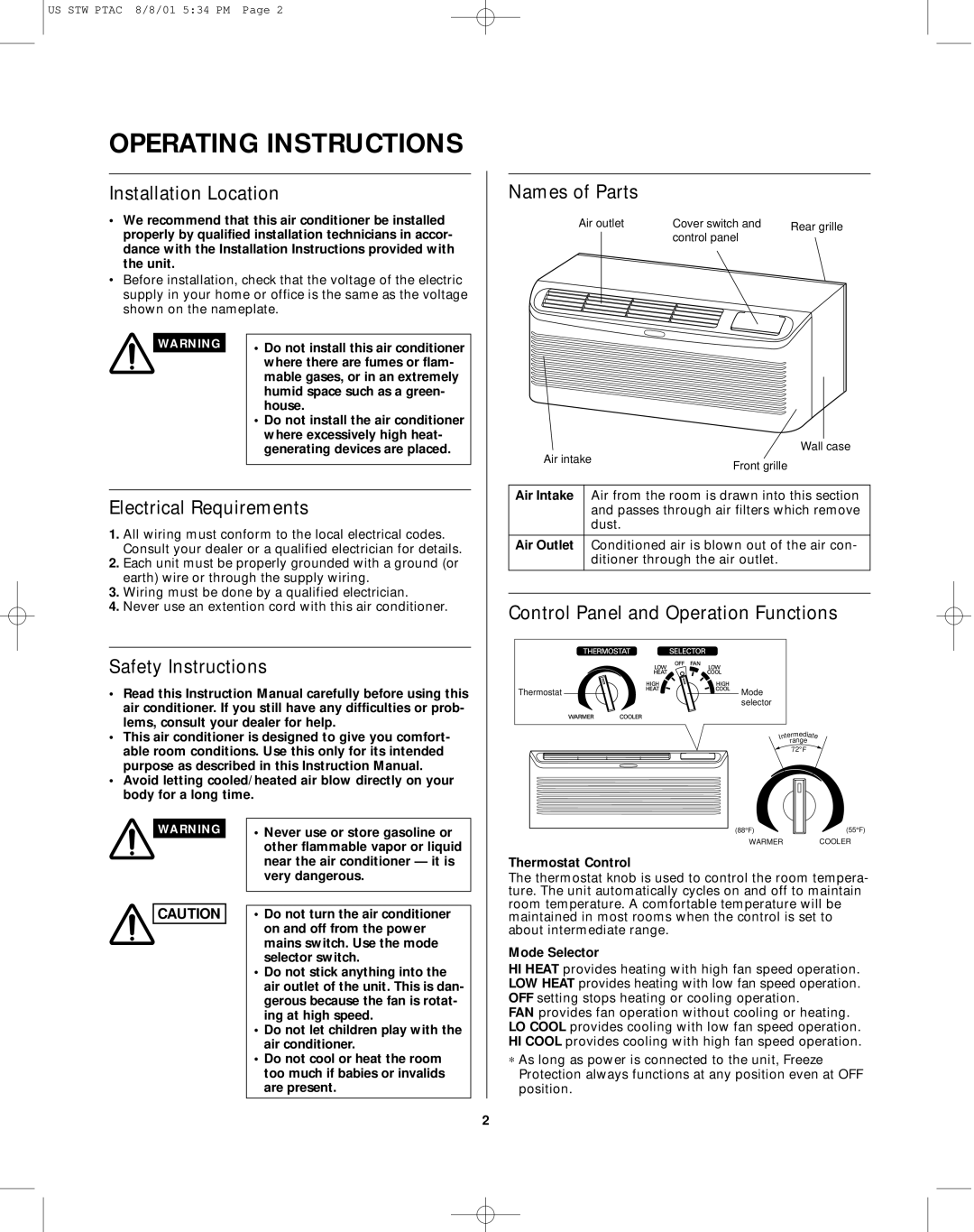 Sanyo STW-2 owner manual Installation Location, Names of Parts, Electrical Requirements, Safety Instructions 