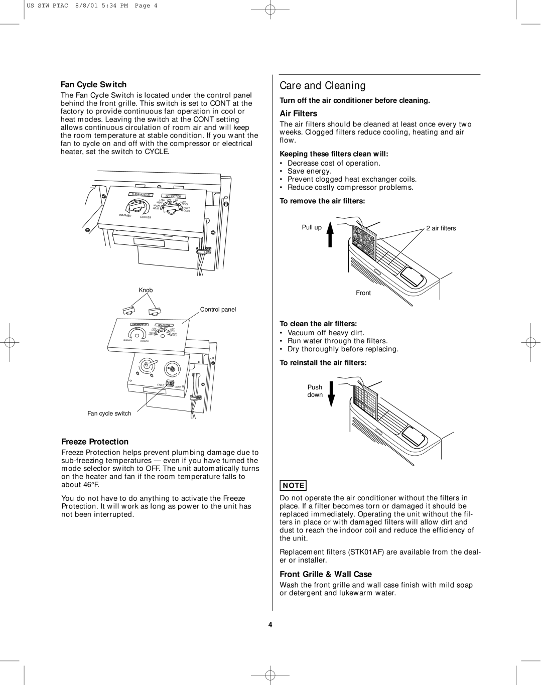 Sanyo STW-2 owner manual Care and Cleaning, Fan Cycle Switch, Air Filters, Freeze Protection, Front Grille & Wall Case 