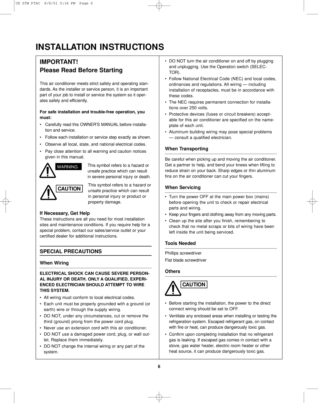 Sanyo STW-2 owner manual Installation Instructions 