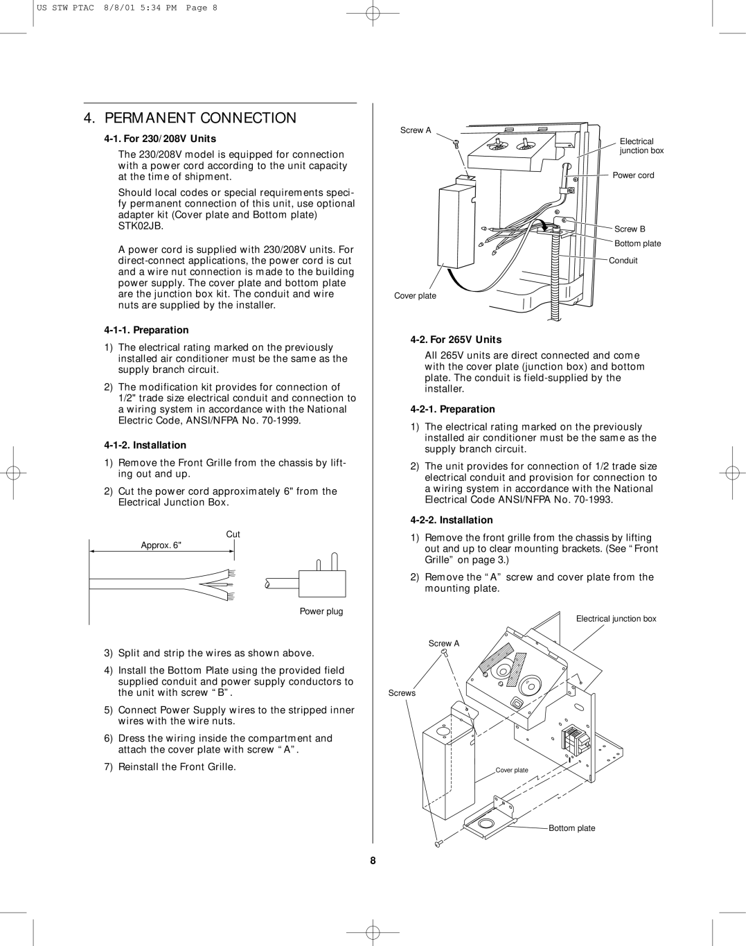 Sanyo STW-2 owner manual Permanent Connection, For 230/208V Units, Preparation, Installation, For 265V Units 