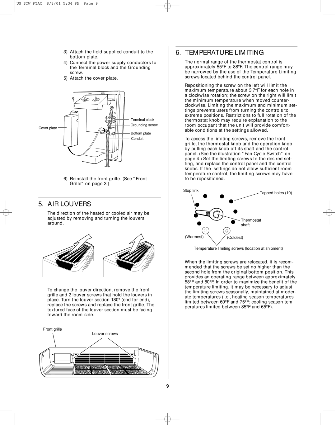 Sanyo STW-2 owner manual AIR Louvers, Temperature Limiting 