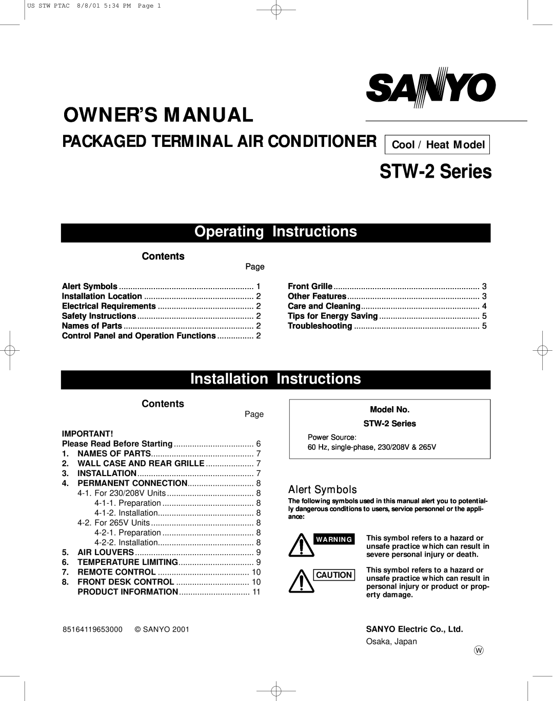 Sanyo owner manual Alert Symbols, Model No STW-2Series, Packaged Terminal Air Conditioner, Operating, Instructions 