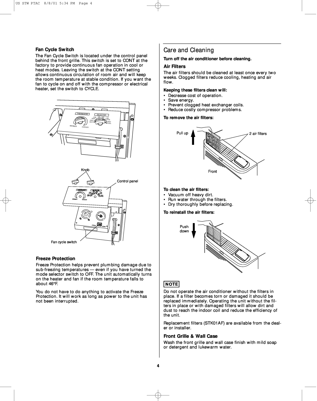 Sanyo STW-2 owner manual Care and Cleaning, Fan Cycle Switch, Air Filters, Freeze Protection, Front Grille & Wall Case 
