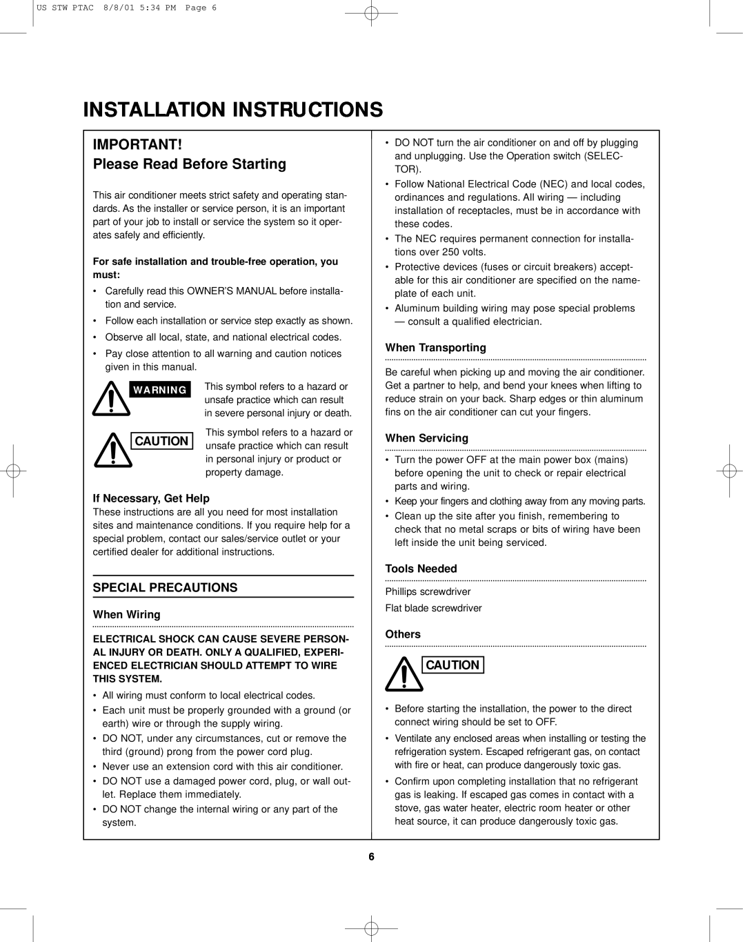 Sanyo STW-2 Installation Instructions, If Necessary, Get Help, When Wiring, When Transporting, When Servicing, Others 
