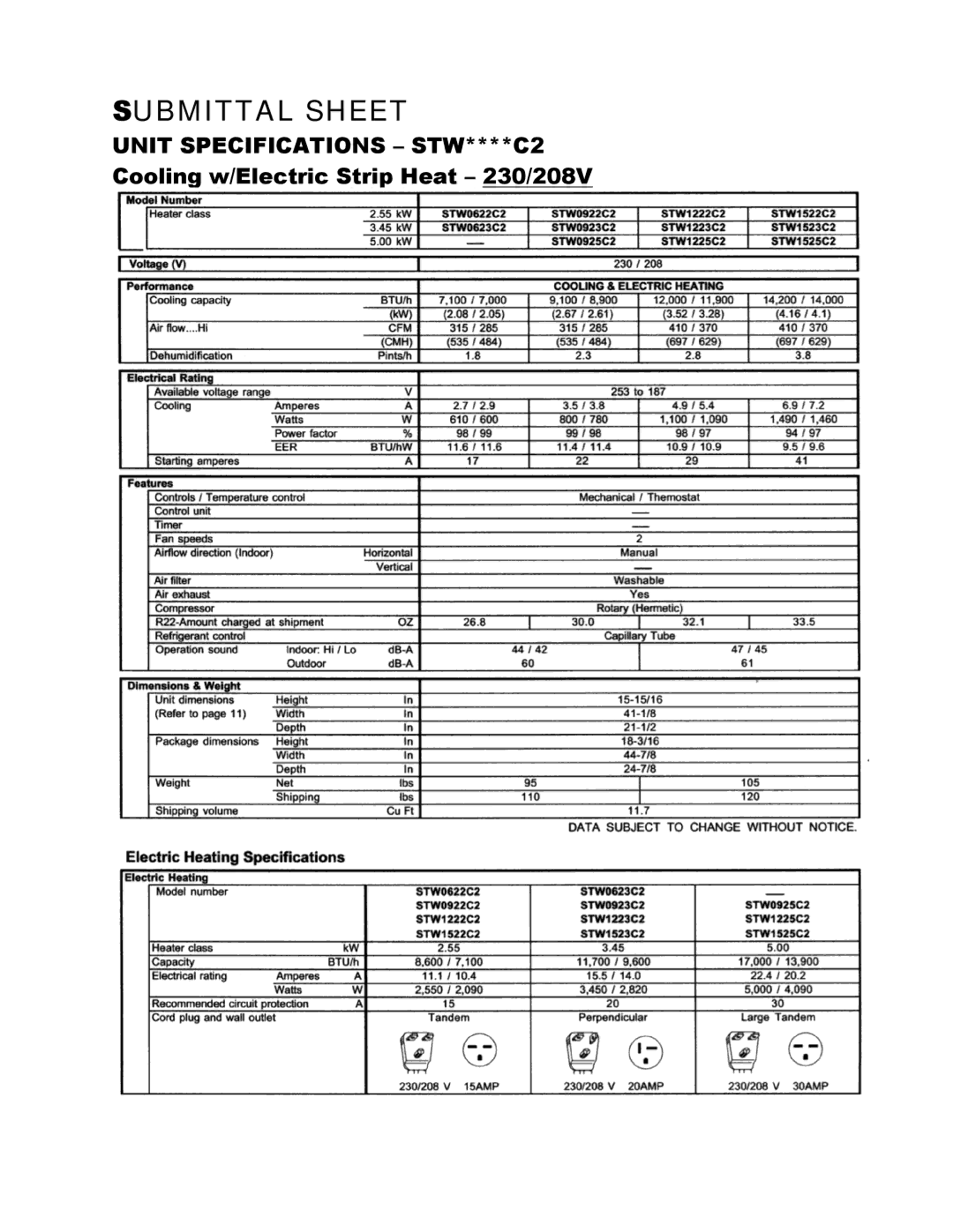 Sanyo STW0923C2, STW0622C2, STW1222C2, STW1223C2, STW0922C2, STW0925C2, STW1525C2, STW0623C2 specifications Submittal Sheet 