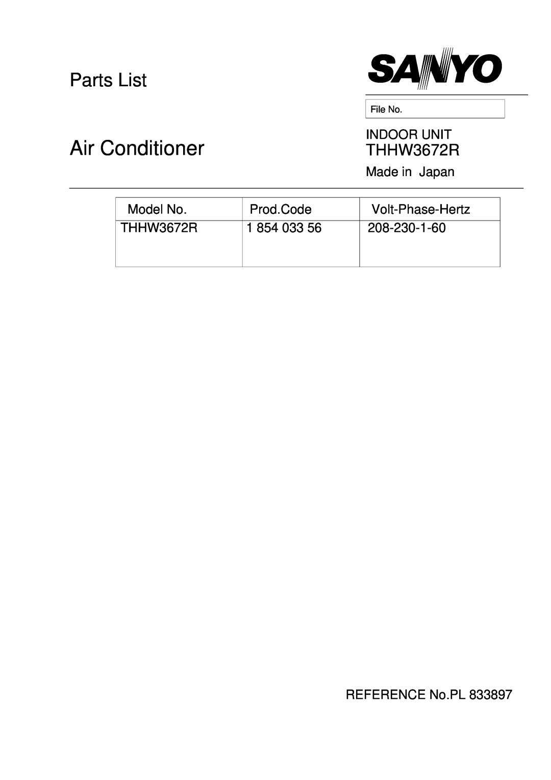 Sanyo manual Air Conditioner, Parts List, Indoor Unit, Made in Japan, Model No. THHW3672R, Prod.Code, Volt-Phase-Hertz 