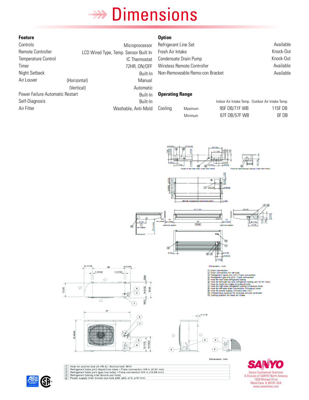 Sanyo THW3672R dimensions Dimensions, Feature, Option, Operating Range 