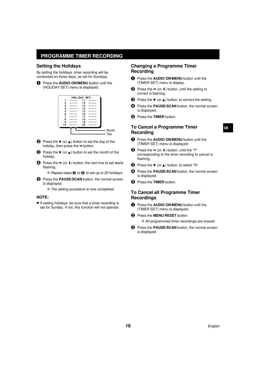 Sanyo TLS-224P Setting the Holidays, Changing a Programme Timer Recording, To Cancel a Programme Timer Recording 