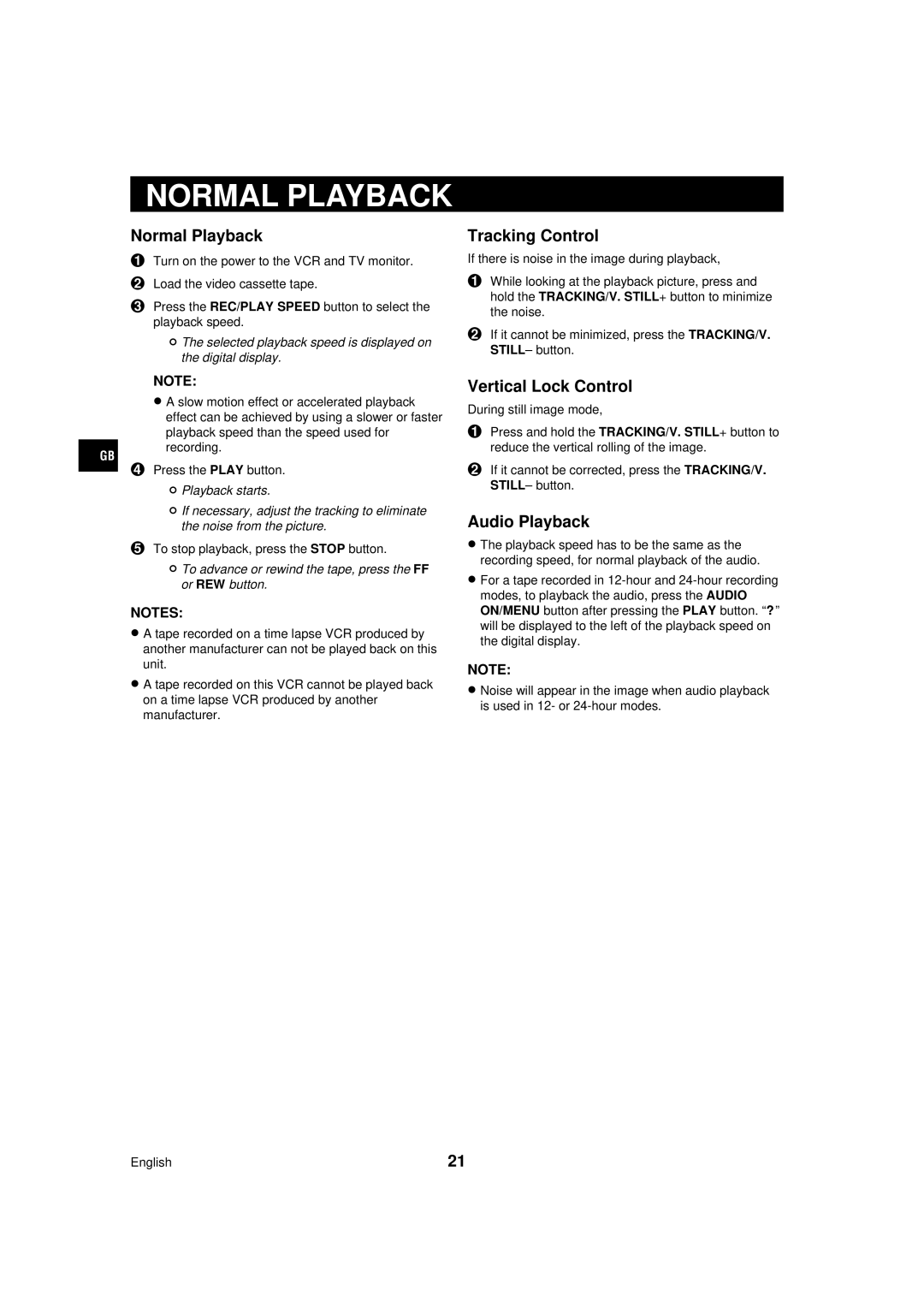 Sanyo TLS-224P instruction manual Normal Playback, Tracking Control, Vertical Lock Control, Audio Playback 