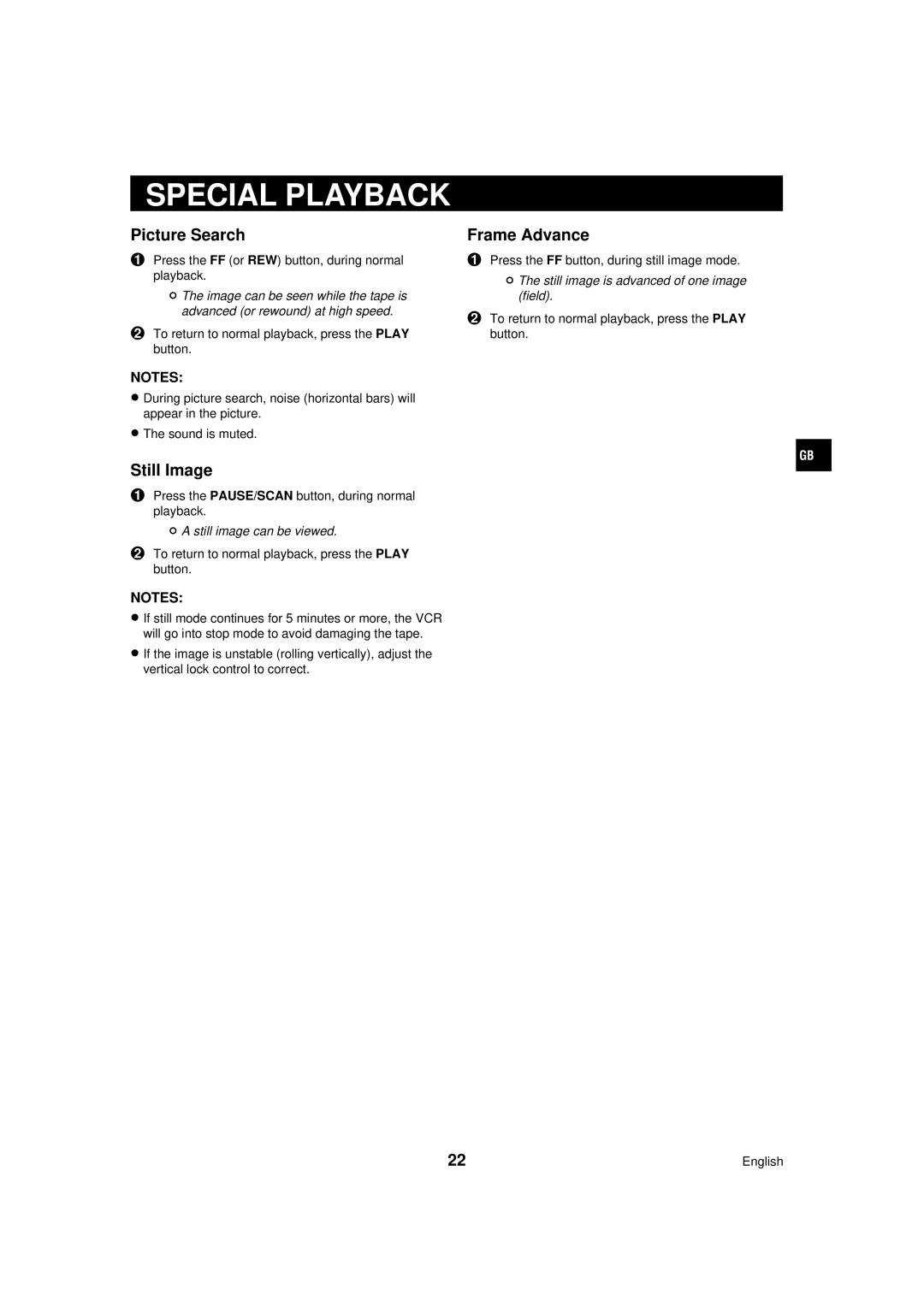 Sanyo TLS-224P instruction manual Special Playback, Picture Search, Frame Advance, Still Image 