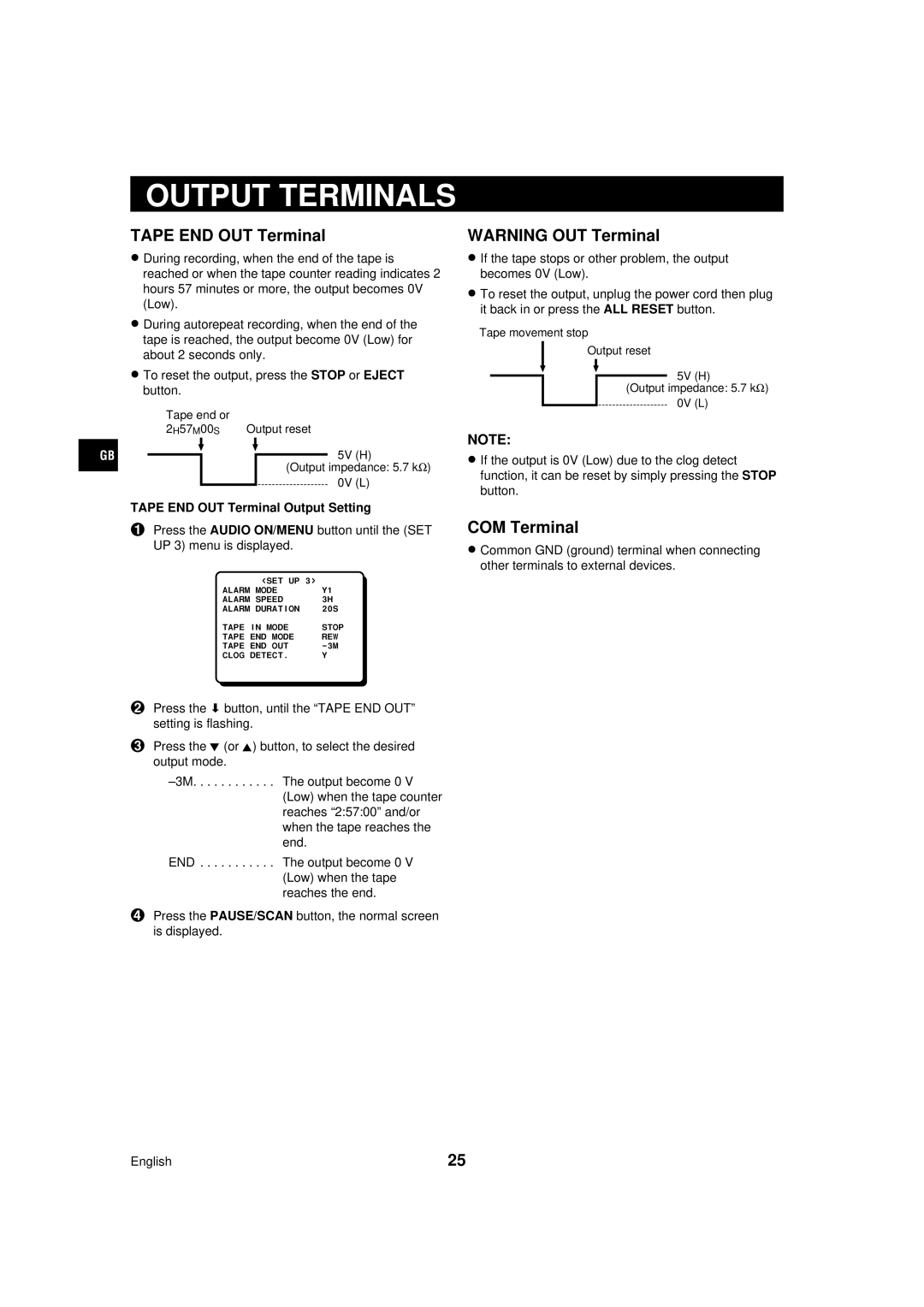 Sanyo TLS-224P instruction manual Output Terminals, COM Terminal, Tape END OUT Terminal Output Setting 