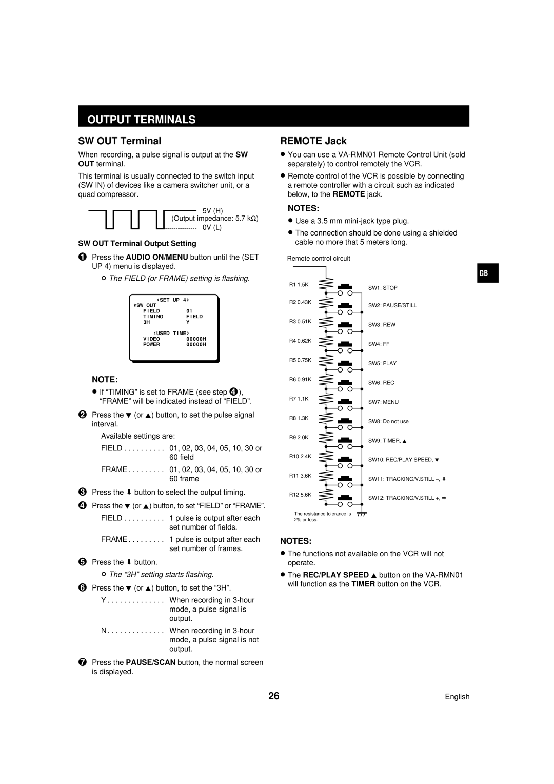 Sanyo TLS-224P instruction manual Output Terminals, Remote Jack, SW OUT Terminal Output Setting 