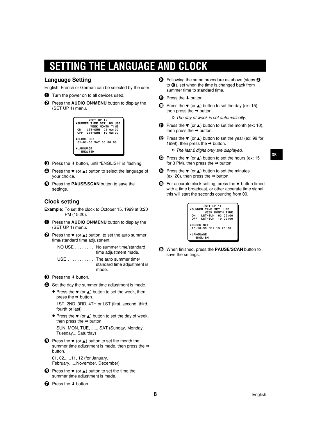 Sanyo TLS-224P Setting the Language and Clock, Language Setting, Clock setting, Day of week is set automatically 