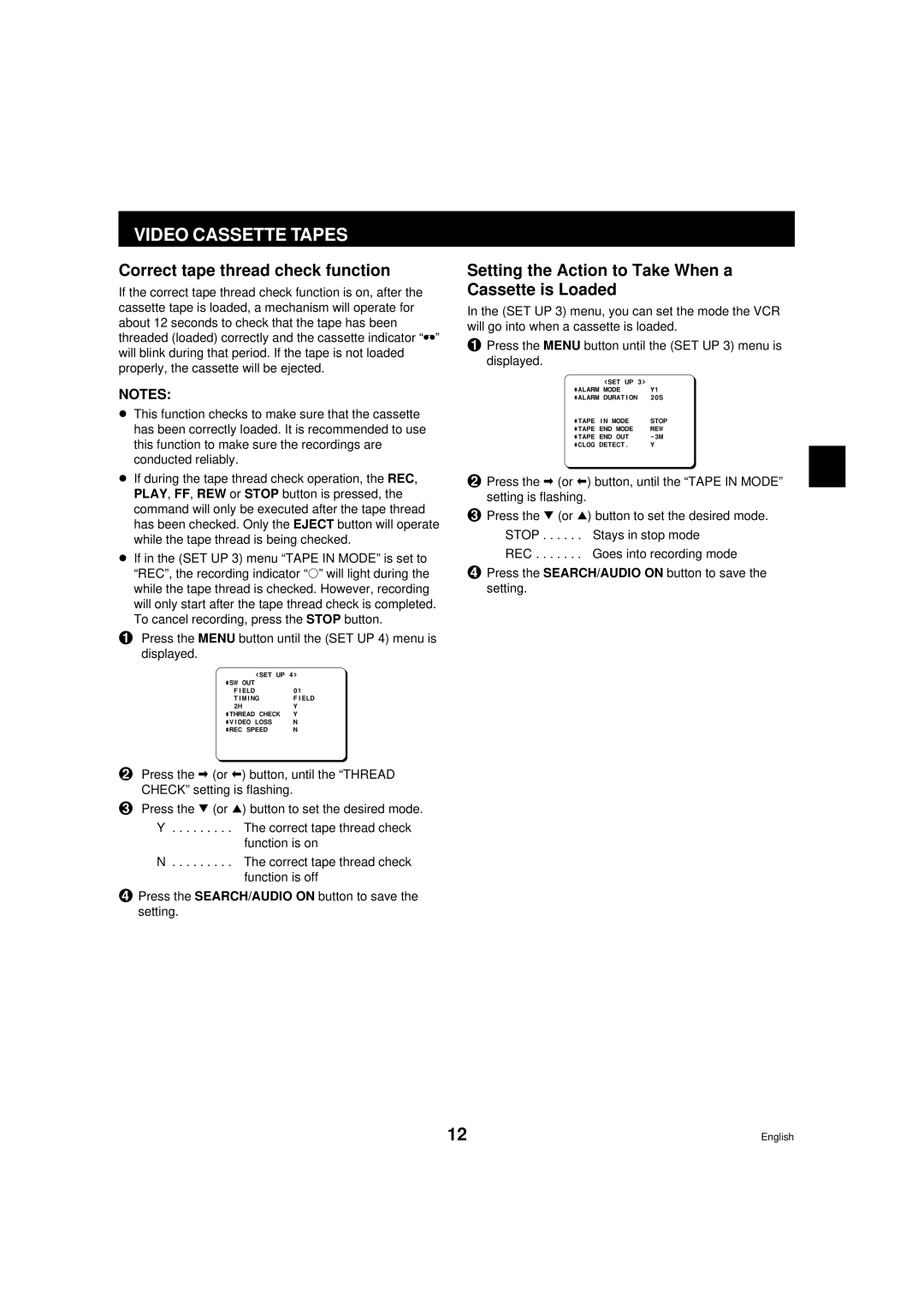 Sanyo TLS-9072 instruction manual Video Cassette Tapes, Correct tape thread check function 