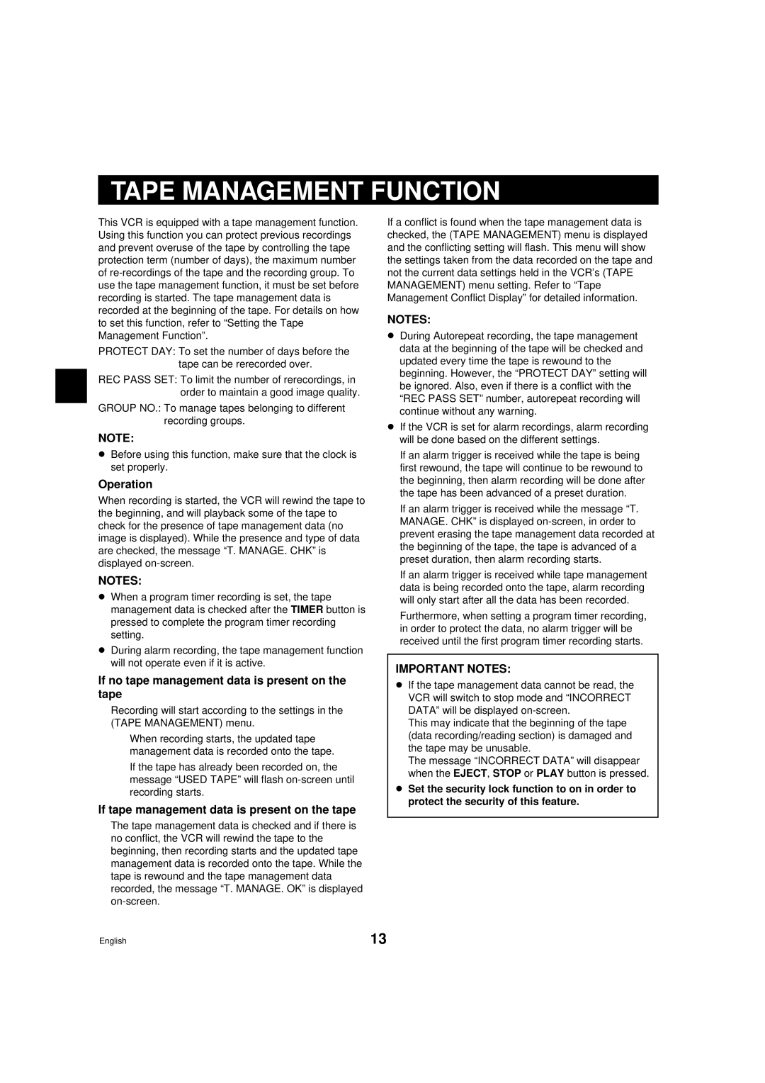 Sanyo TLS-9072 instruction manual Tape Management Function, Operation, If no tape management data is present on the tape 