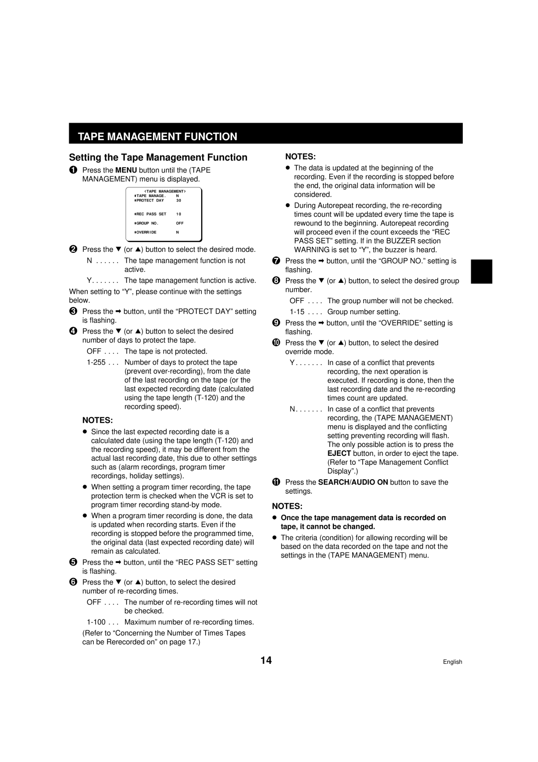 Sanyo TLS-9072 instruction manual Setting the Tape Management Function 