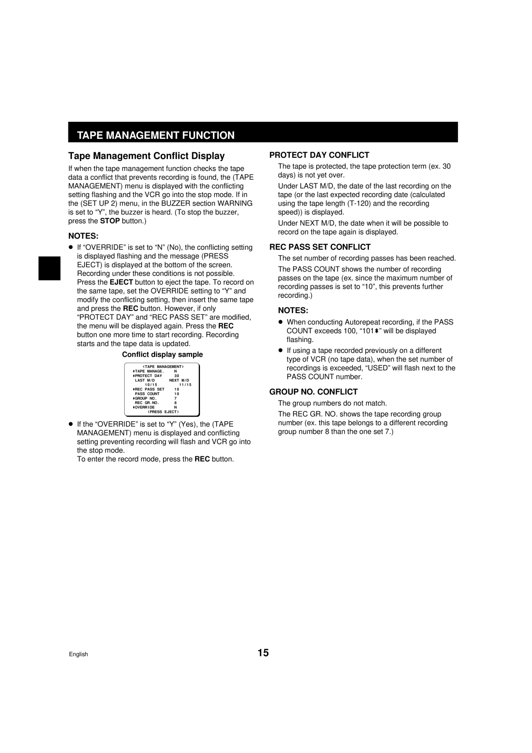 Sanyo TLS-9072 instruction manual Tape Management Conflict Display, Conflict display sample 