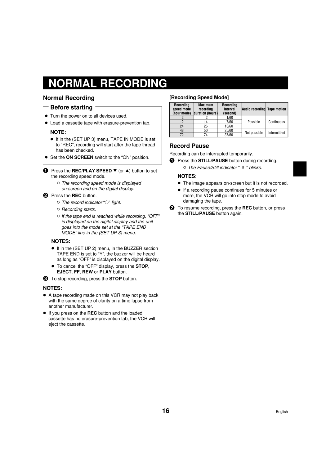 Sanyo TLS-9072 Normal Recording Before starting, Record Pause, Recording Speed Mode, Pause/Still indicator N blinks 